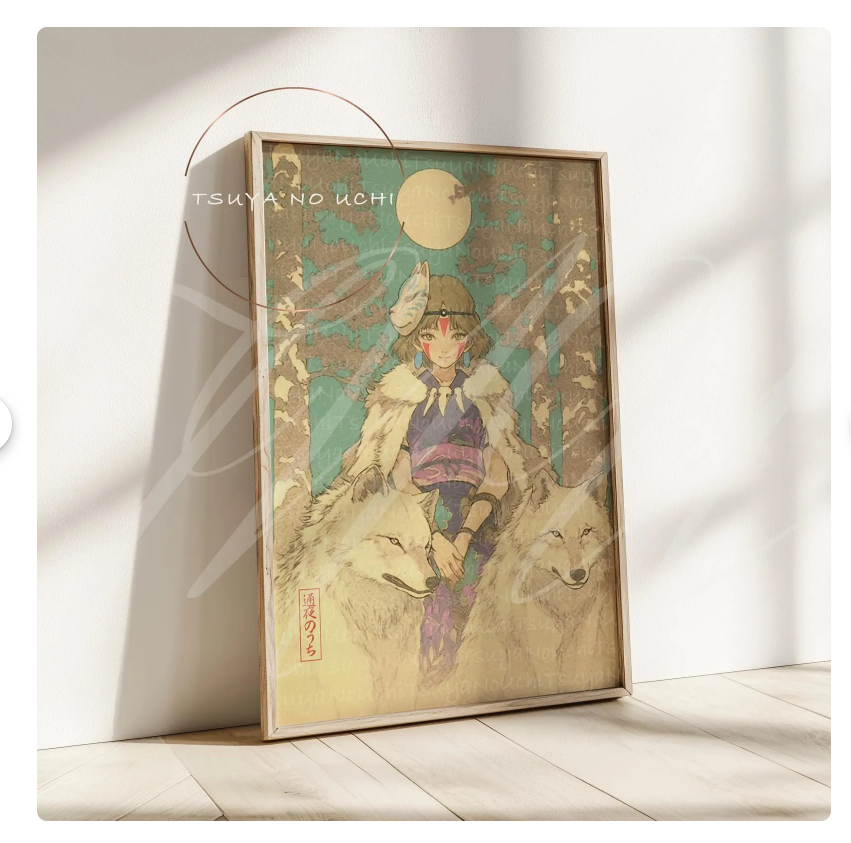 Ukiyo‑e inspired character with wolves under the moon